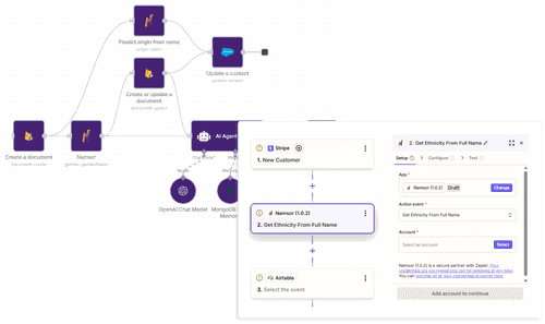 Illustration of Namsor automations through Zapier, Make, and n8n.