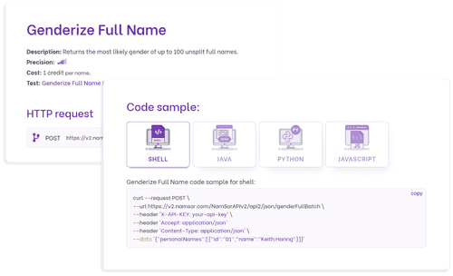 Example of the Genderize Full Name feature in the Namsor API documentation.